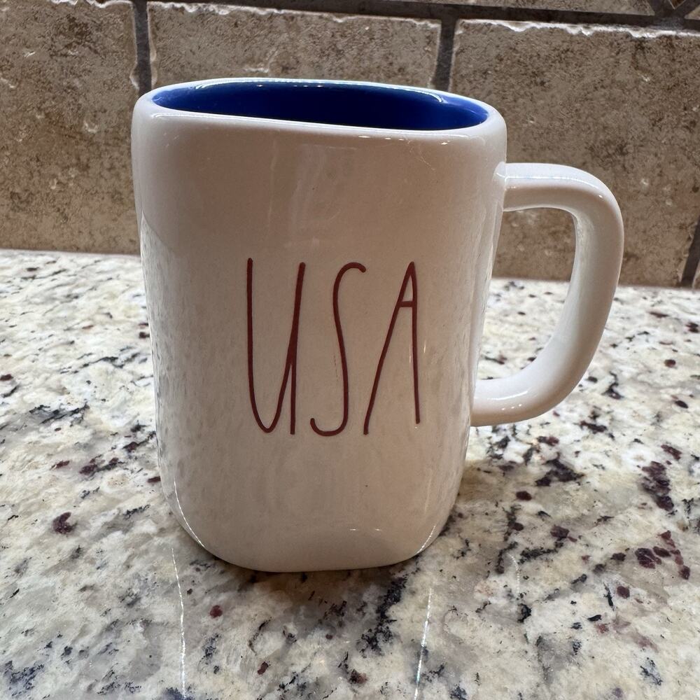 Rae Dunn USA Coffee Mug Magenta White Blue‎ Interior Red Print Patriotic Holiday